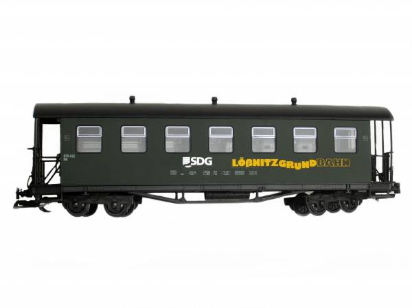 Train grüner sächsischer Personenwagen, SDG Lößnitzgrund, TD, Spur G, Edelstahhlräder