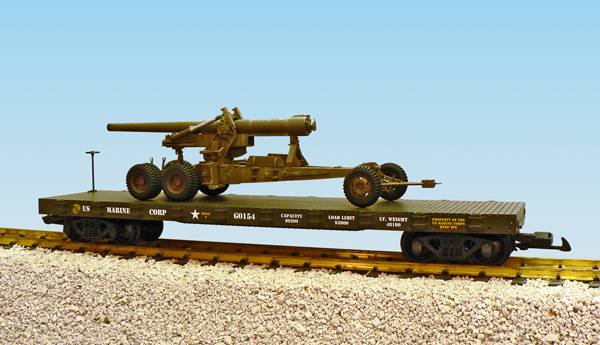 USA-Trains USMC Flatcar #G0154 w/Long Tom Cannon - Green ,Spur G