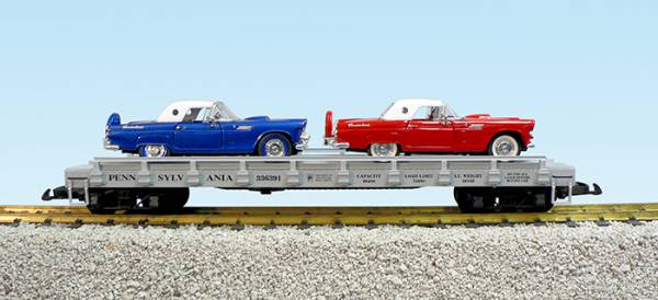 USA-Trains Pennsylvania Auto Flatcar - #336392 w/56 Ford T-Bird (2) - Gray (#) ,Spur G