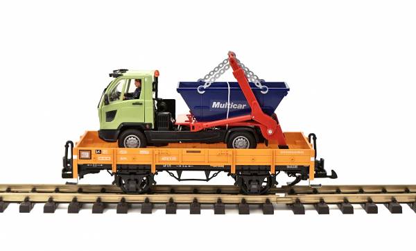 LGB Niederbordwagen hellbraun mit Muldenkipper-Lastwagen, Spur G Gartenbahn
