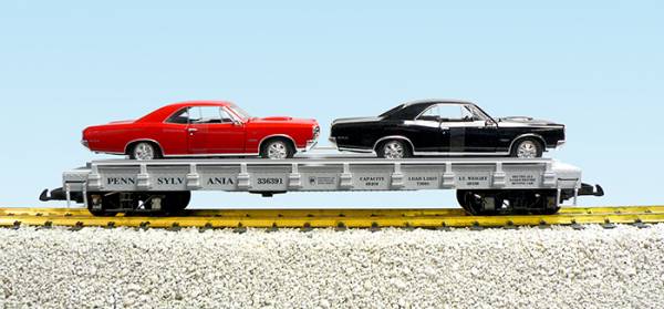 USA-Trains Pennsylvania Auto Flatcar - w/Pontiac GTO (2) - Gray (#336391) ,Spur G