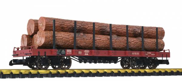 Liliput-Bachmann Flachwagen, braun, mit Steckrungen und Holzstämmen als Ladegut, Epoche III-V