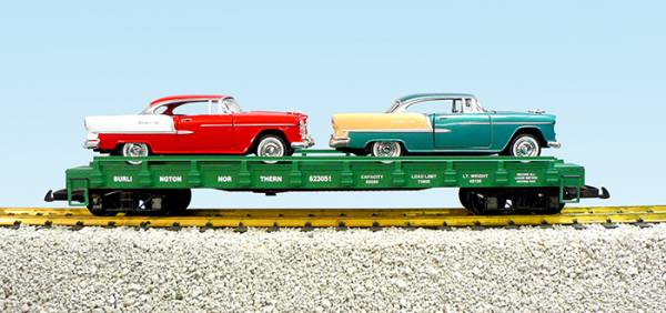 USA-Trains Burlington Northern Auto Flatcar - w/55 Chevy Bel Air (2) - Green (#623054) ,Spur G