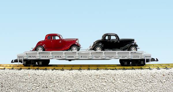 USA-Trains Pennsylvania Auto Flatcar - w/34 Ford Coupe (2) - Gray (#336394) ,Spur G