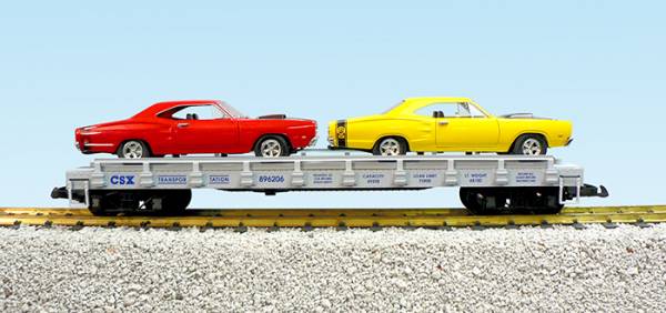 USA-Trains CSX Auto Flatcar - w/69 Dodge Cornet Super Bee (2) - Gray (#896206) ,Spur G