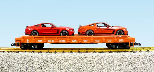 USA-Trains Illinois Central Auto Flatcar - w/Ford Mustang Boss (2) - Orange (#3280) ,Spur G
