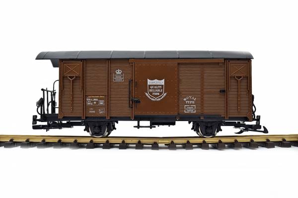 Train wagon de marchandise couvert, RHB Gbk-v, brun, échelle G, roues en acier inoxydable