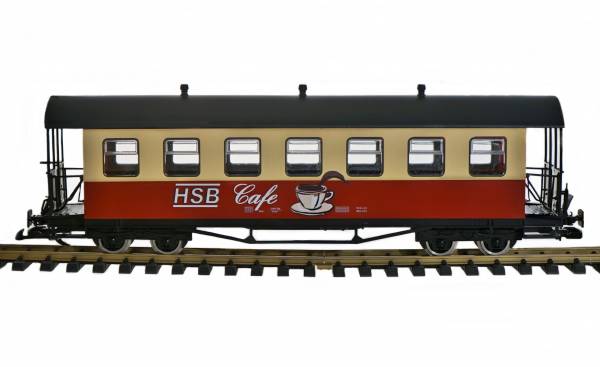 Train Personenwagen HSB Cafewagen rot-beige, Tonnendach, Edelstahlräder, Spur G